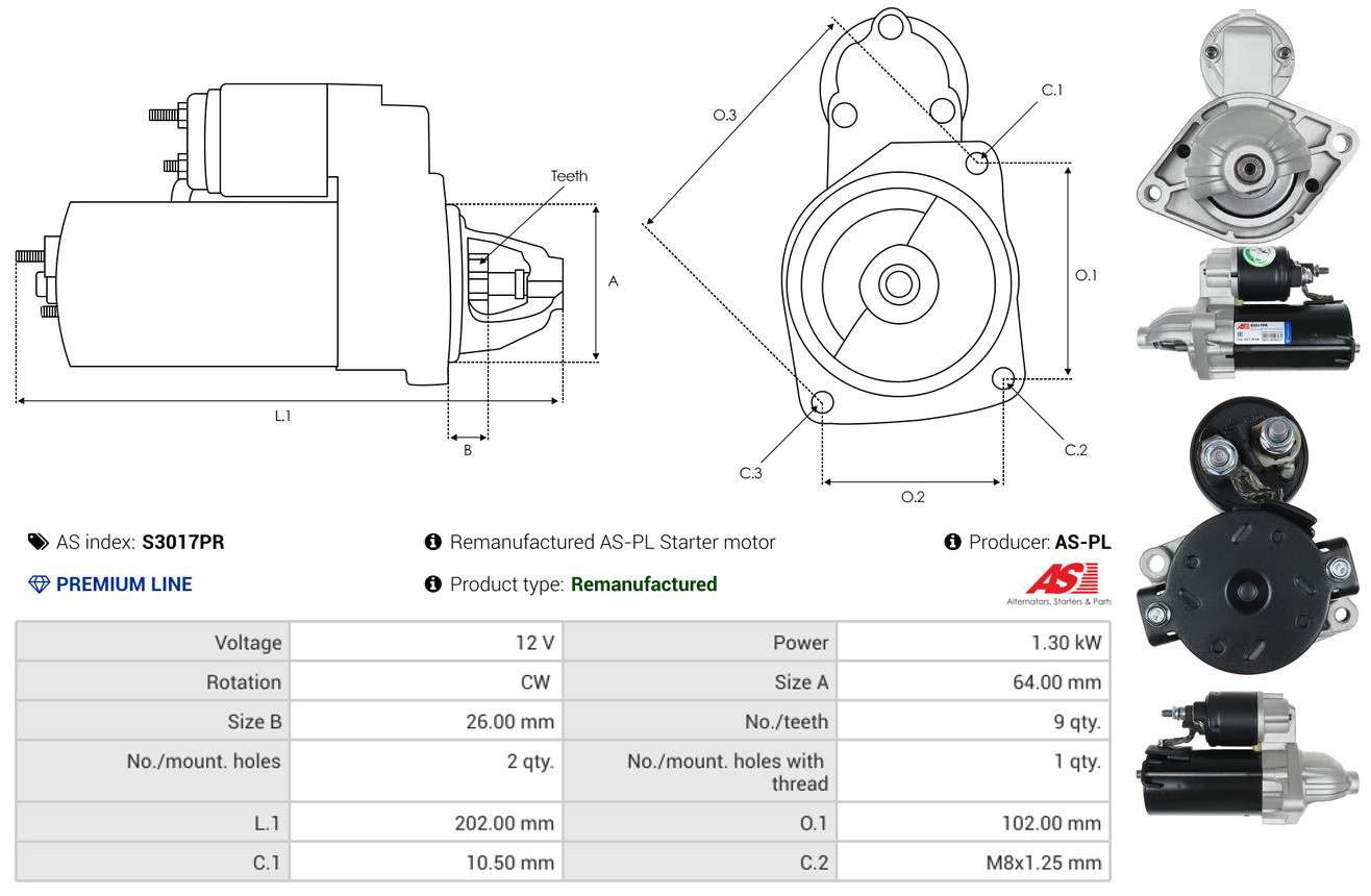As-Pl Starter S3017pr Für Opel Ford Fiat Peugeot