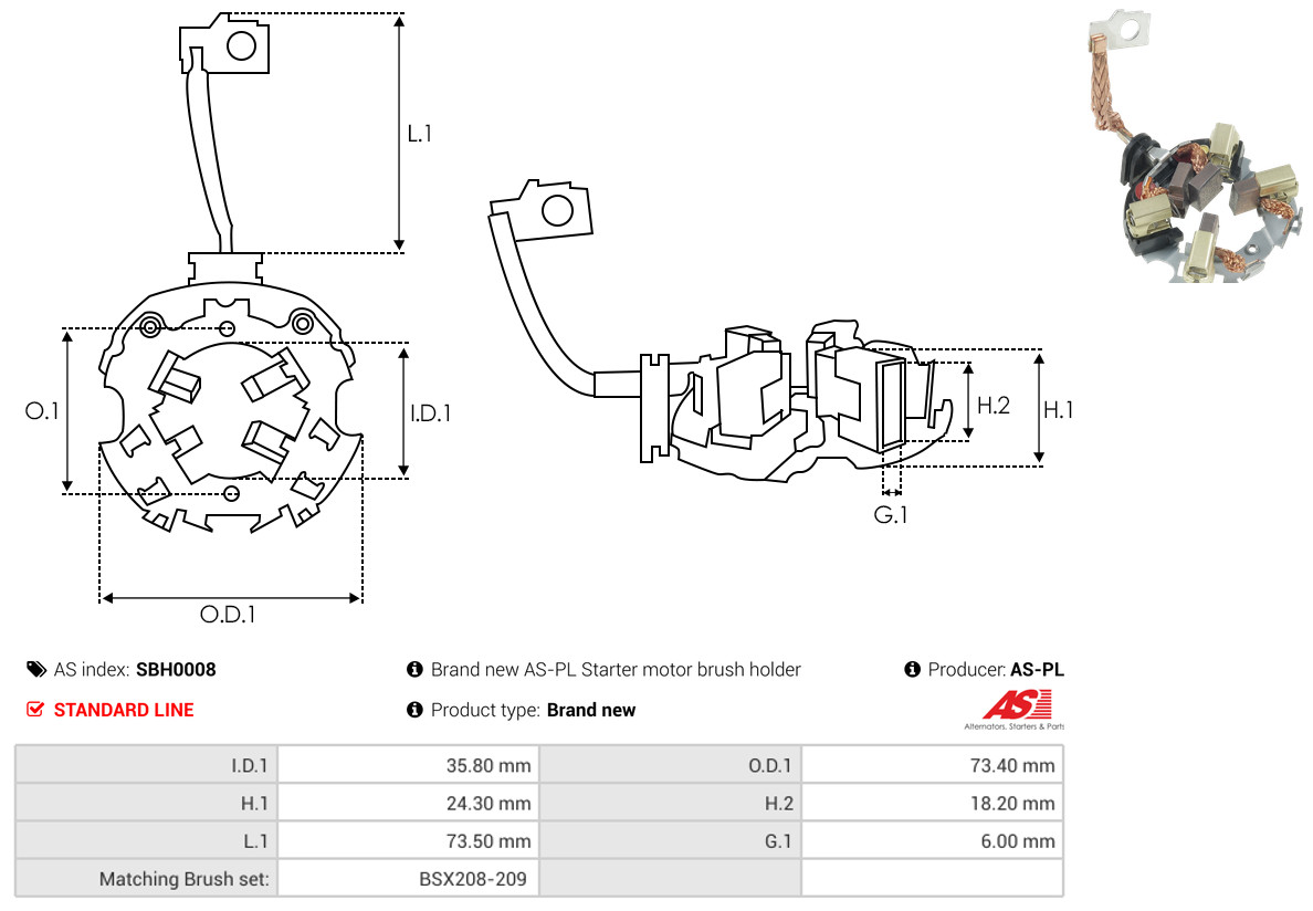 AS-PL Halter, Kohlebürsten sbh0008 73,40mm für VW