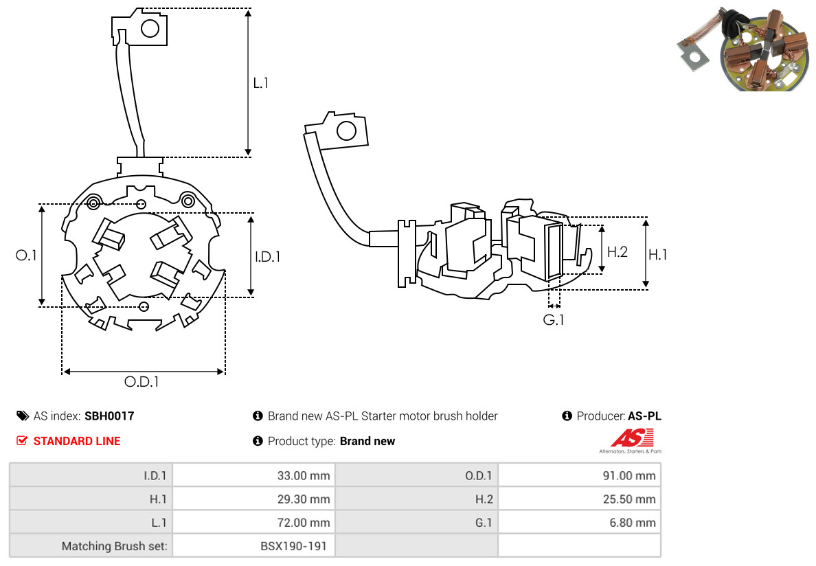 AS-PL Halter, Kohlebürsten sbh0017 910mm