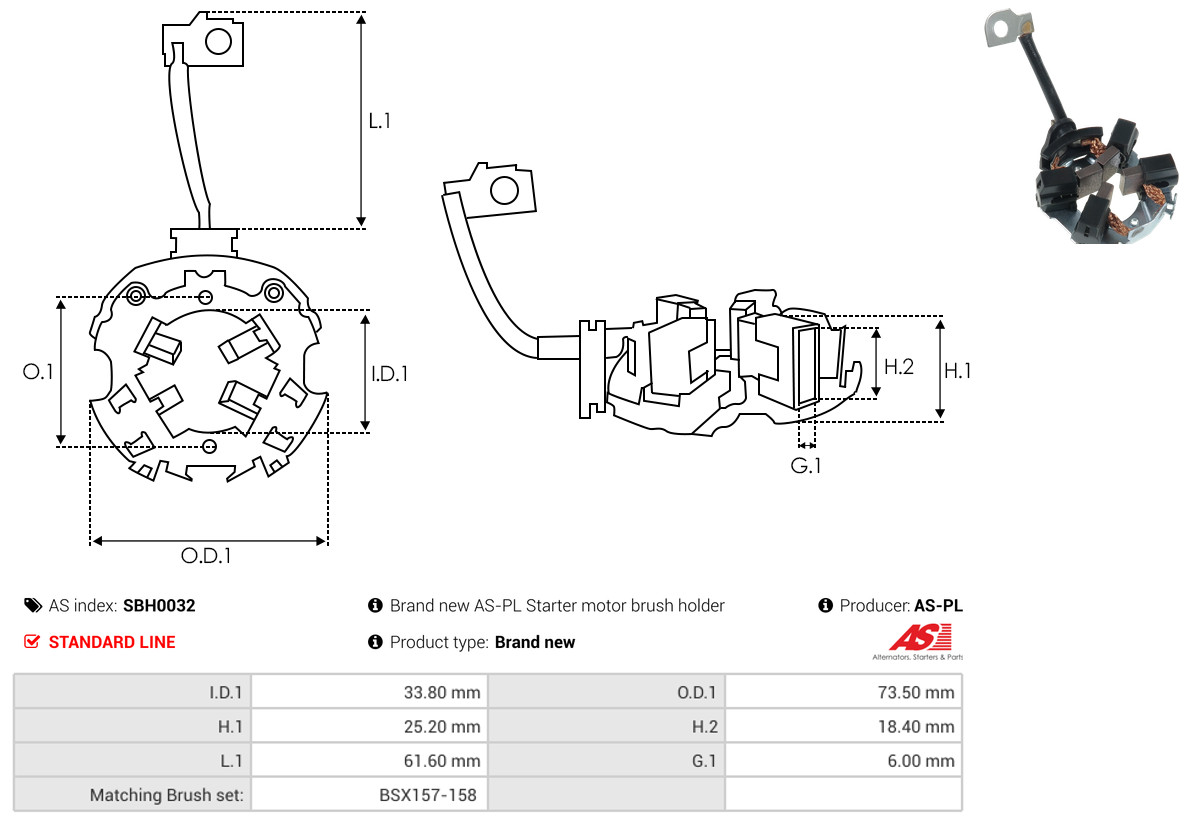AS-PL Halter, Kohlebürsten sbh0032 73,50mm