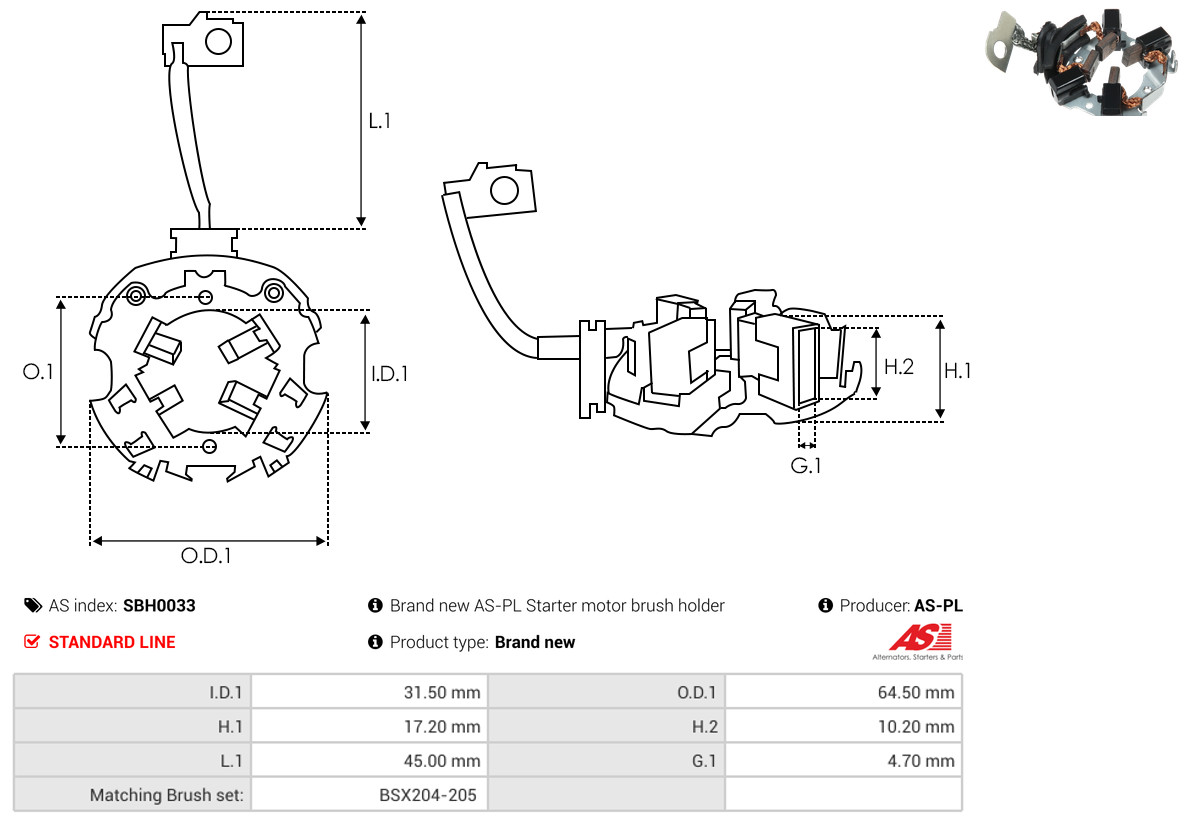 AS-PL Halter, Kohlebürsten sbh0033 64,50mm für VW