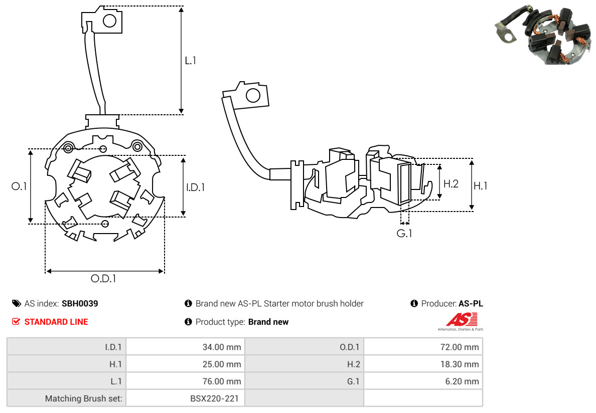 AS-PL Halter, Kohlebürsten sbh0039 720mm