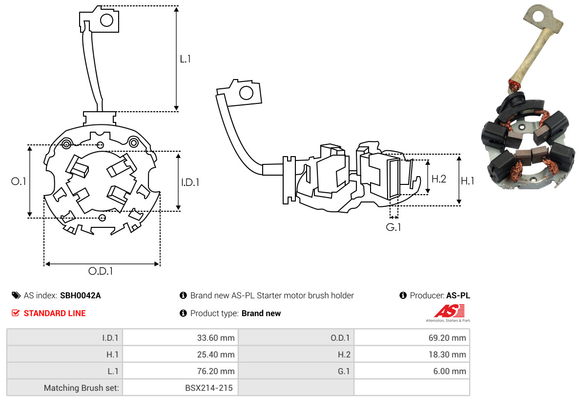 AS-PL Halter, Kohlebürsten sbh0042a 69,20mm für VW