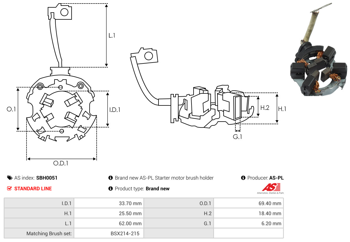 AS-PL Halter, Kohlebürsten sbh0051 69,40mm
