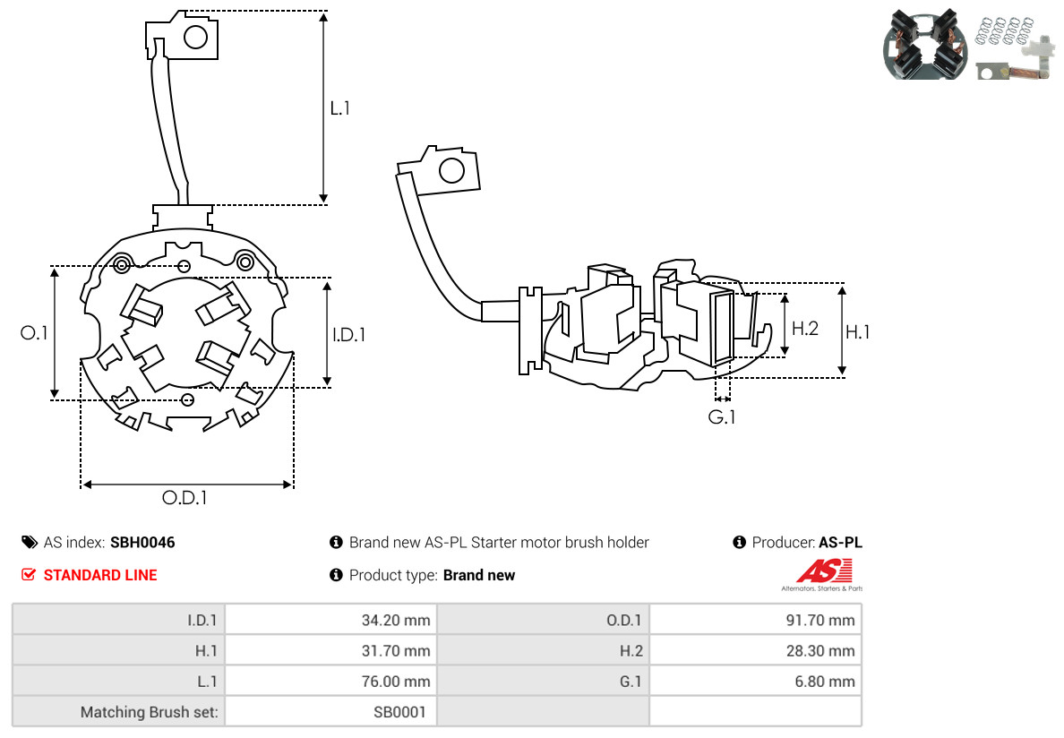 AS-PL Halter, Kohlebürsten sbh0046 91,70mm
