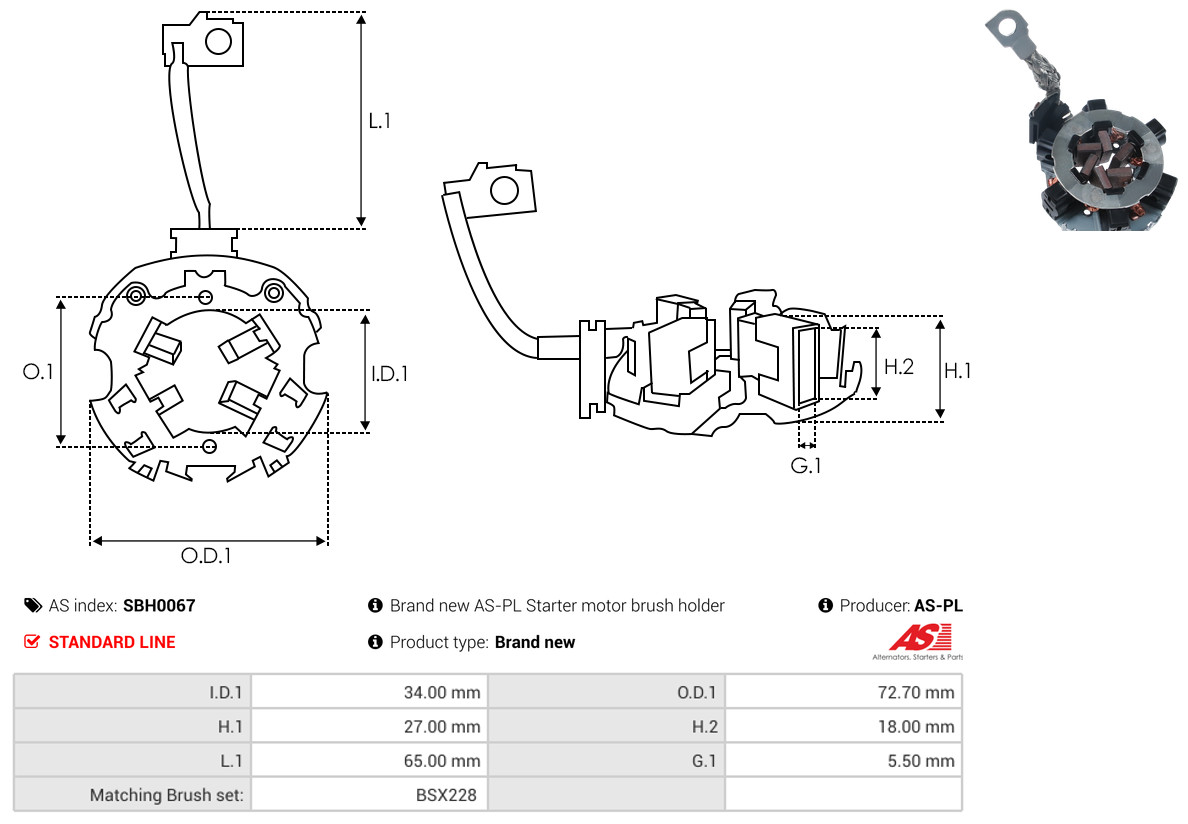 AS-PL Halter, Kohlebürsten sbh0067 72,70mm für Mercedes