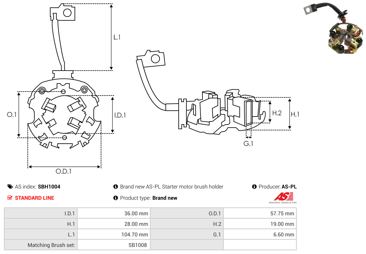 AS-PL Halter, Kohlebürsten sbh1004 57,75mm für Opel HYUNDAI