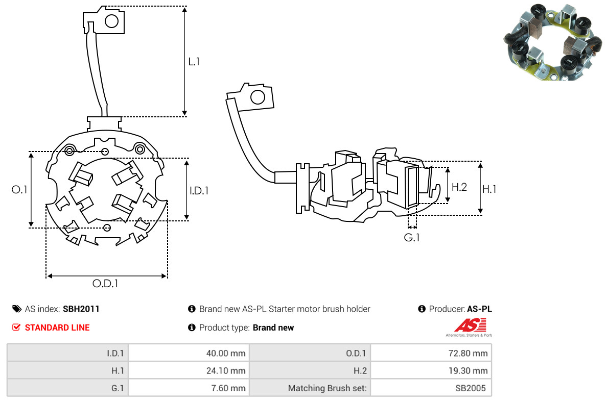 AS-PL Halter, Kohlebürsten sbh2011 72,80mm für ISUZU