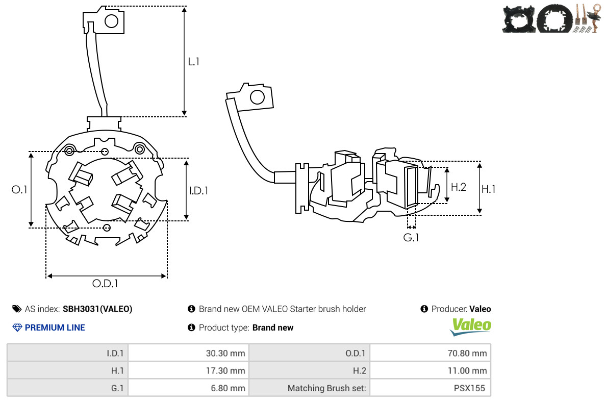 AS-PL Halter, Kohlebürsten sbh3031valeo 70,80mm für Mercedes NISSAN RENAULT TOYOTA