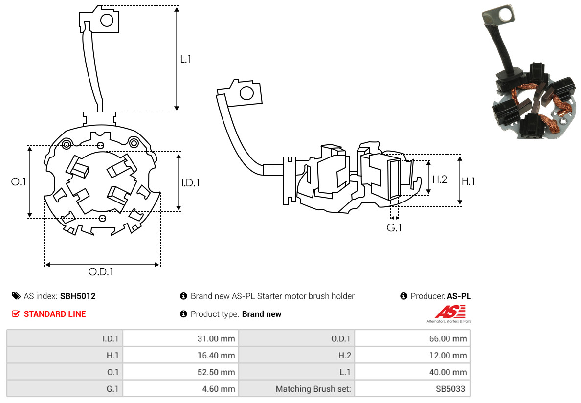AS-PL Halter, Kohlebürsten sbh5012 660mm für Fiat MAZDA MITSUBISHI