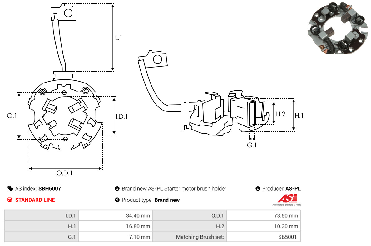 AS-PL Halter, Kohlebürsten sbh5007 73,50mm für Ford MAZDA MITSUBISHI NISSAN