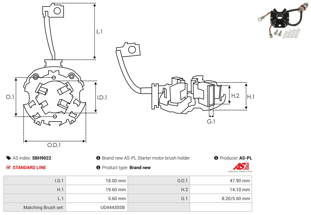 AS-PL Halter, Kohlebürsten sbh9022 47,90mm