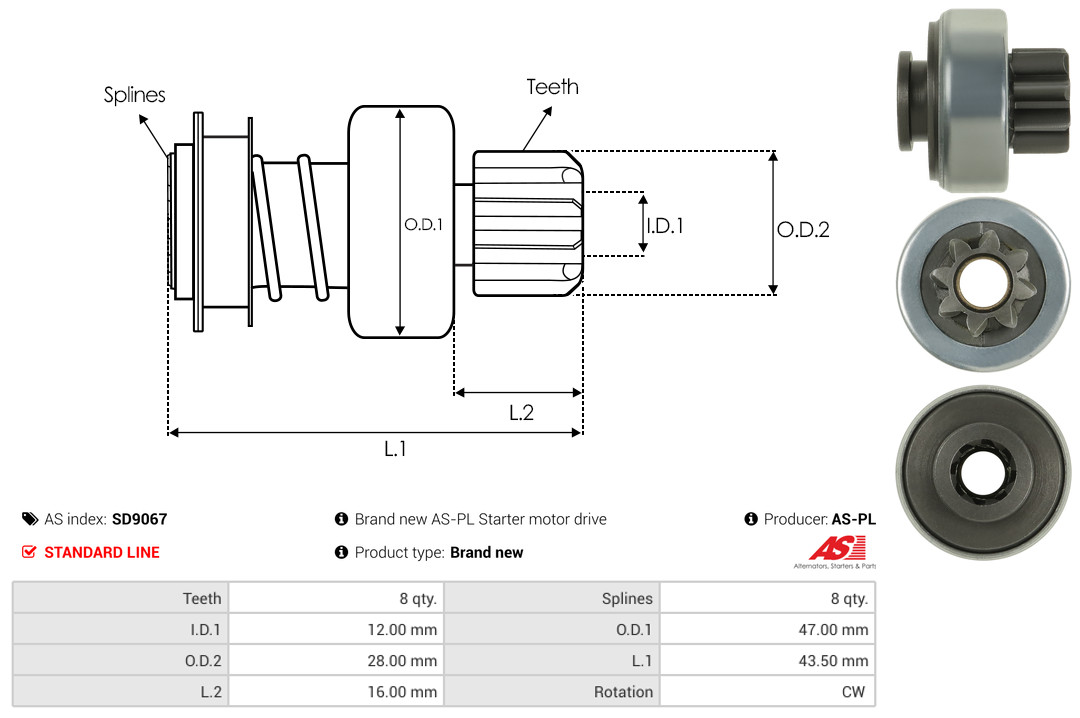 AS-PL Freilaufgetriebe, Starter sd9067 für HYUNDAI