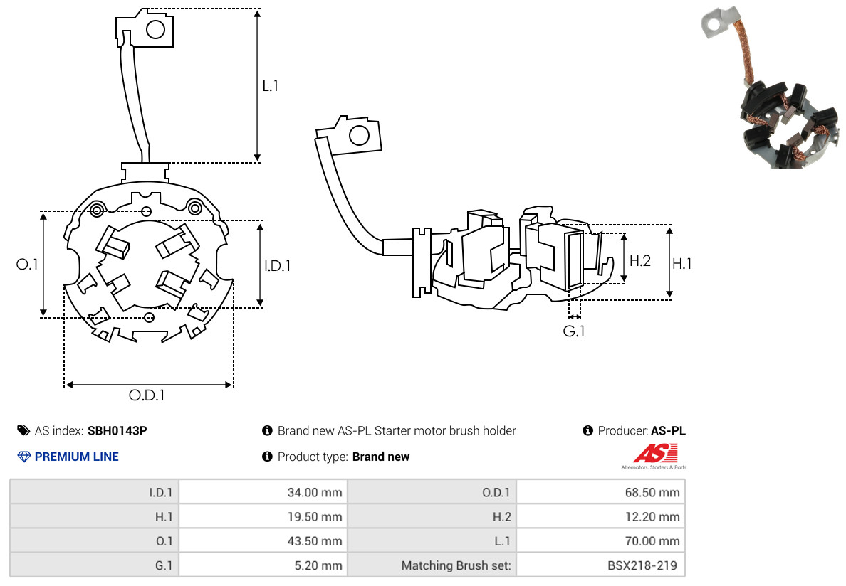 AS-PL Halter, Kohlebürsten sbh0143p 68,50mm für Peugeot