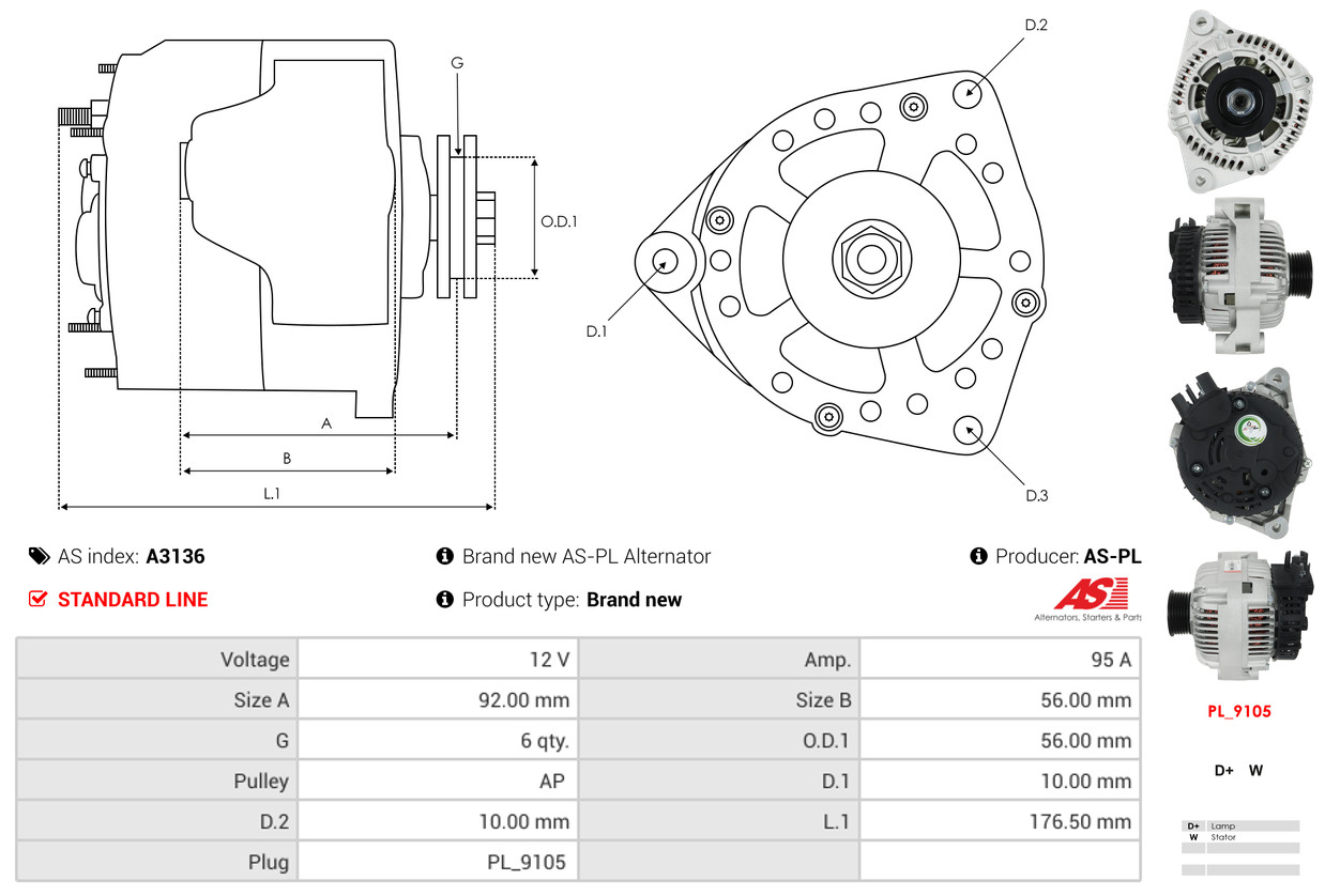AS-PL Generator 12V 95A für MITSUBISHI PEUGEOT FIAT 9631318180 A002TA2091F 9631318280 A3136