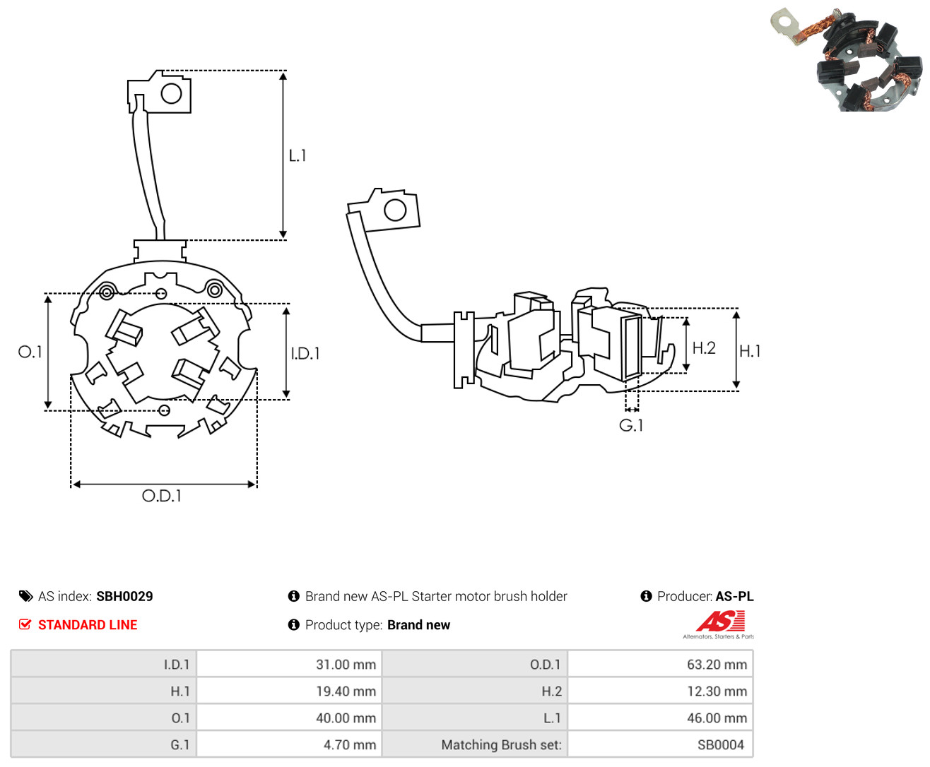 AS-PL Halter, Kohlebürsten sbh0029 63,20mm