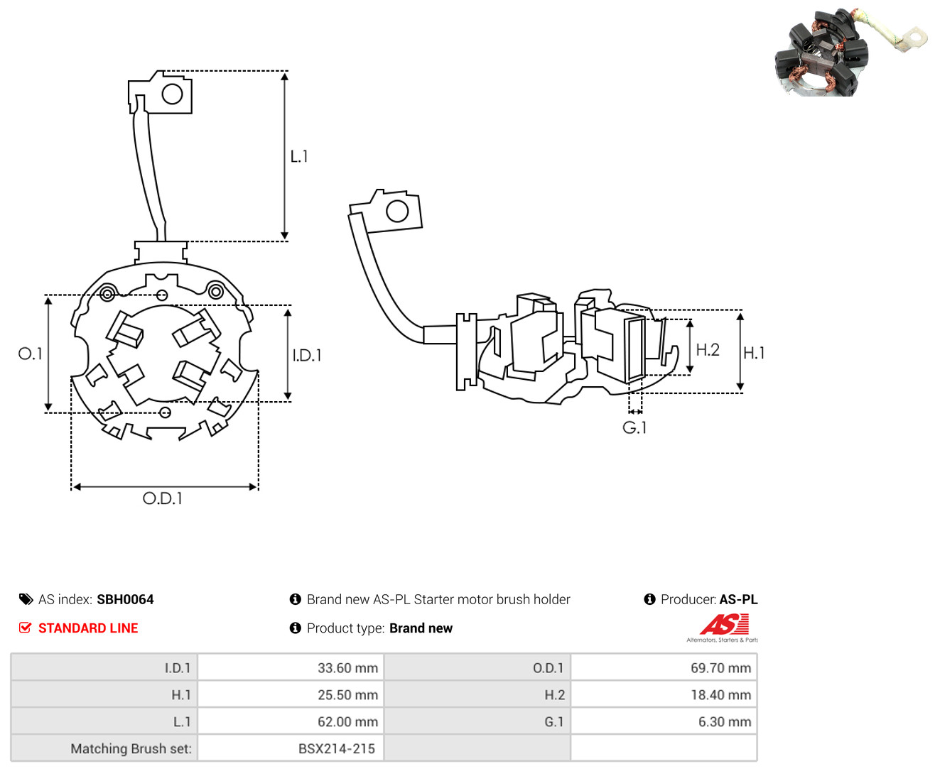 AS-PL Halter, Kohlebürsten sbh0064 69,70mm