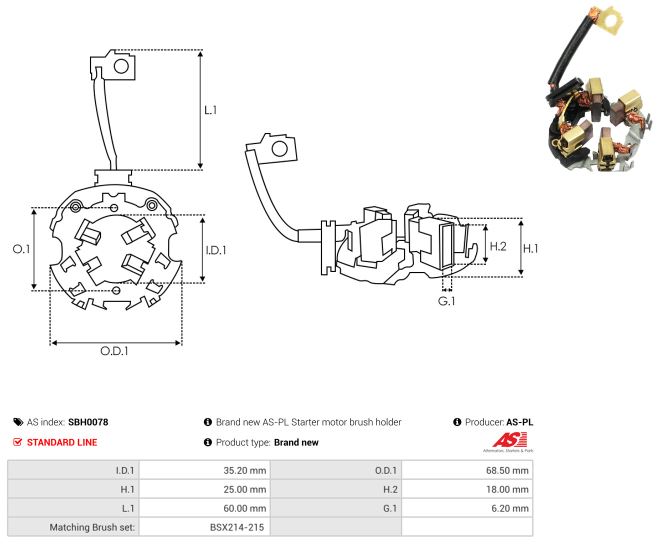 AS-PL Halter, Kohlebürsten sbh0078 68,50mm für VW
