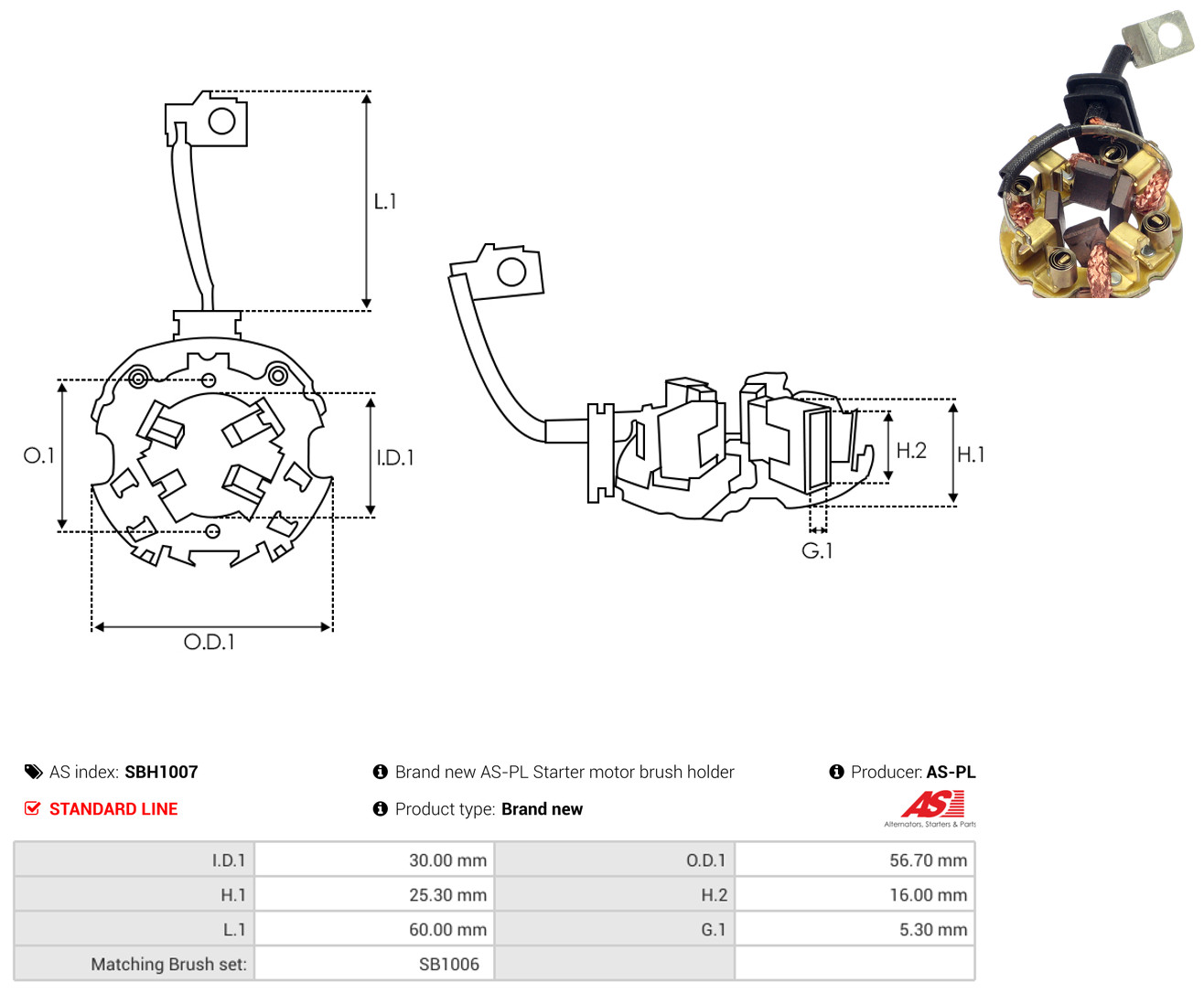 AS-PL Halter, Kohlebürsten sbh1007 56,70mm für Opel HYUNDAI