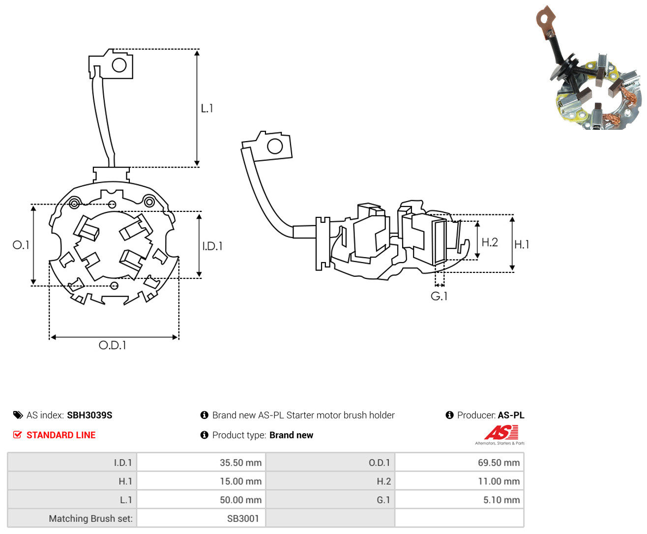 AS-PL Halter, Kohlebürsten sbh3039s 69,50mm für HYUNDAI