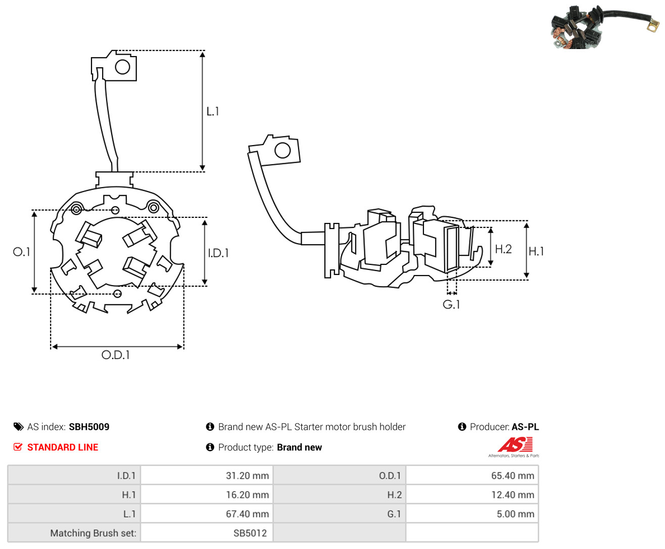 AS-PL Halter, Kohlebürsten sbh5009 65,40mm für MITSUBISHI