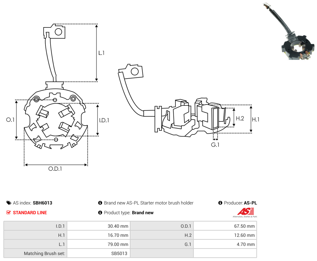 AS-PL Halter, Kohlebürsten sbh6013 67,50mm