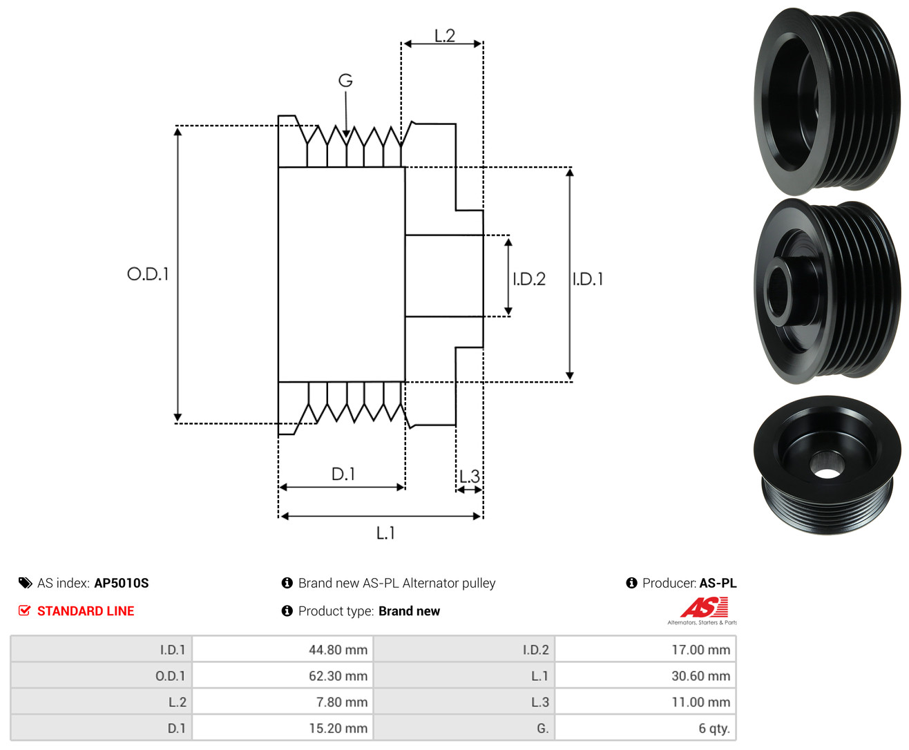 AS-PL Riemenscheibe, Generator ap5010s für HONDA MITSUBISHI