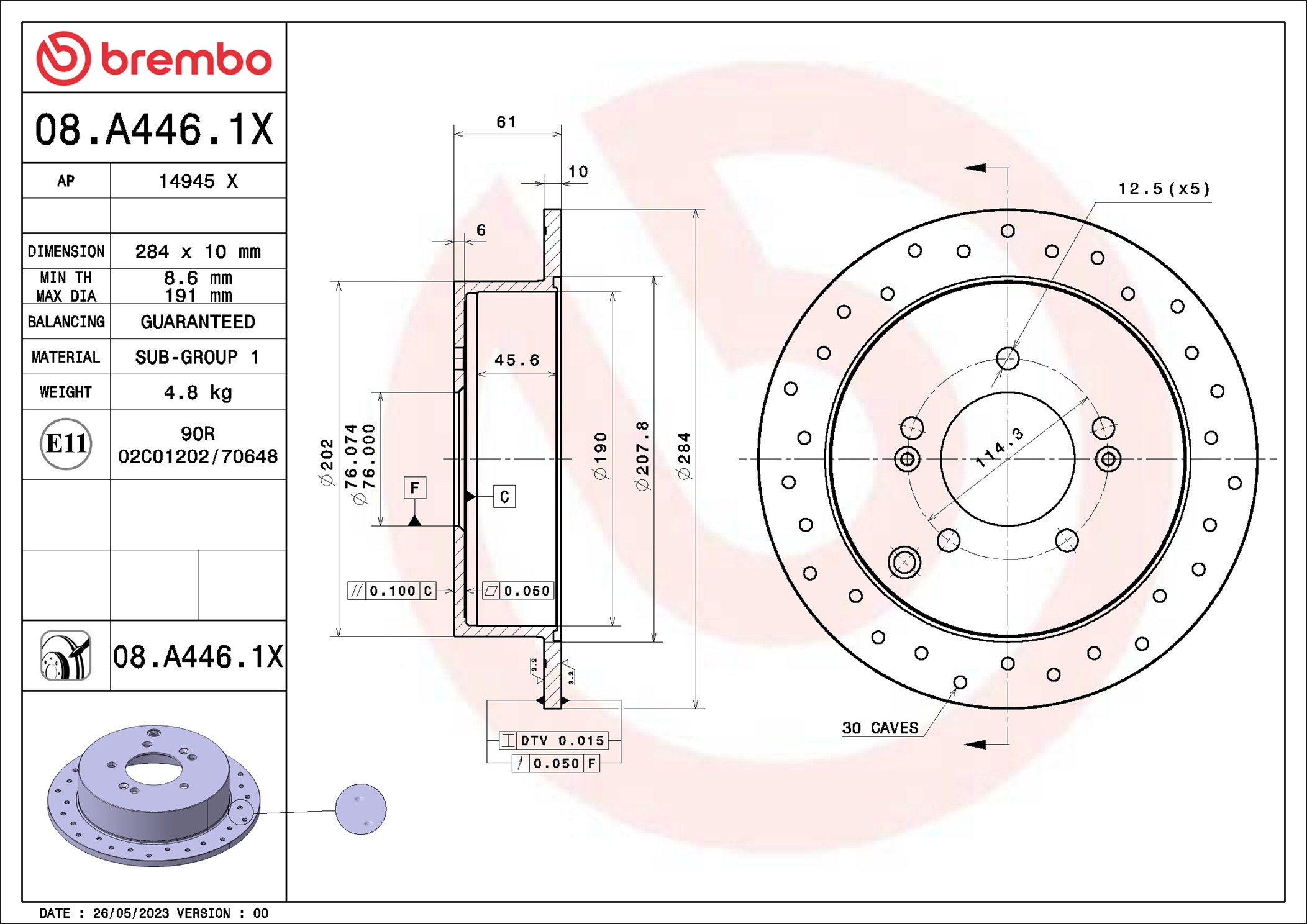 Brembo Bremsscheibe 08.A446.1x Gelocht 284Mm 10Mm Für Kia (Dyk)