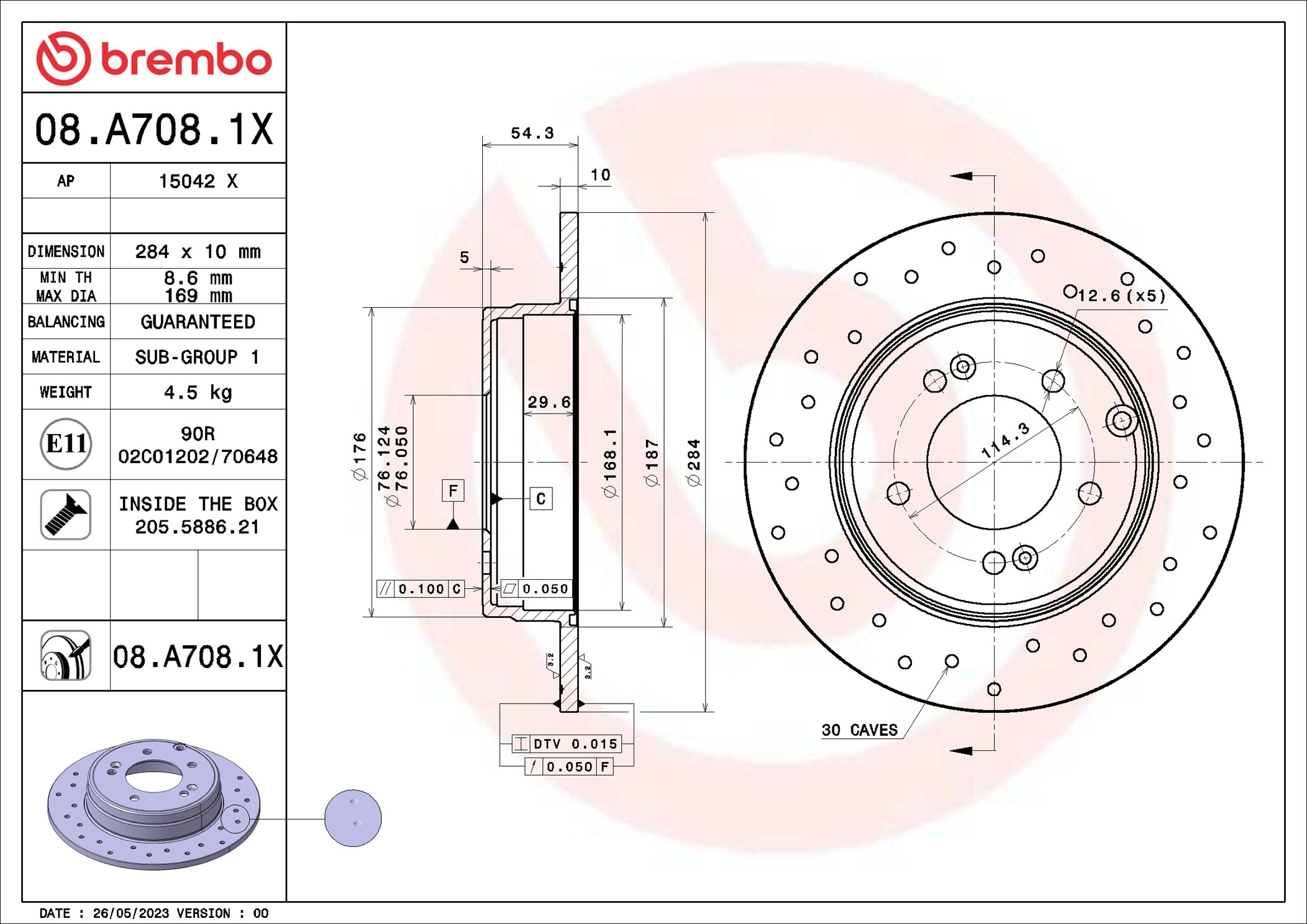Brembo Bremsscheibe 08.A708.1x Gelocht 284Mm 10Mm Für Hyundai Kia (Dyk)