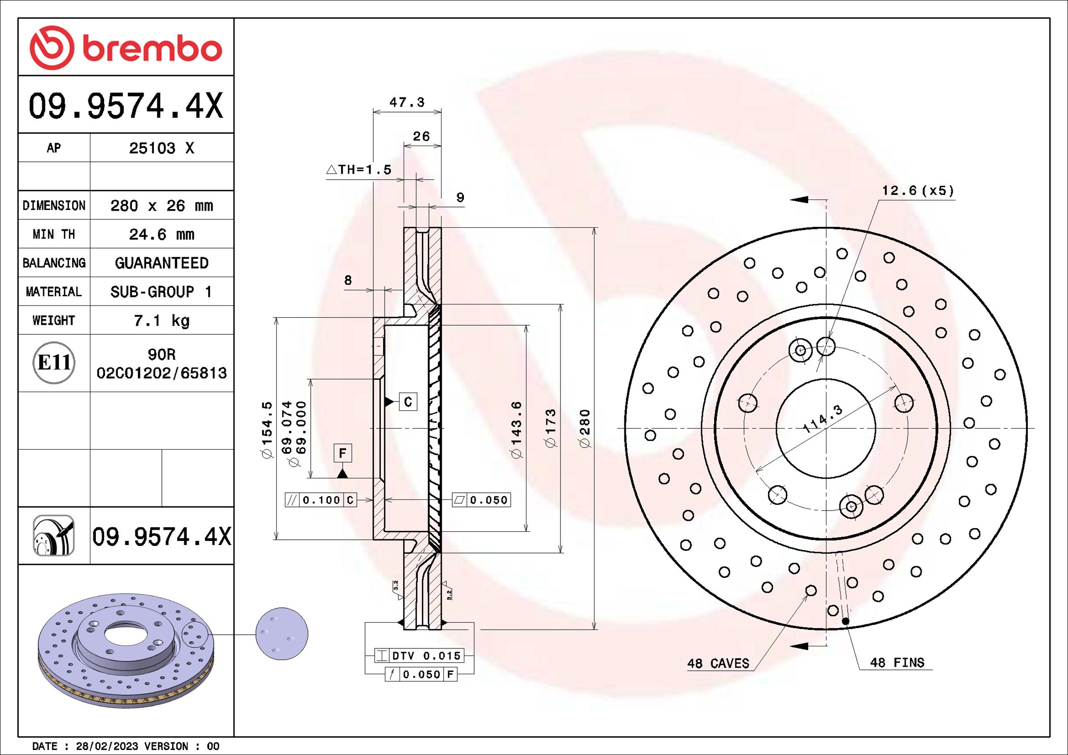 Brembo Bremsscheibe 09.9574.4X 280Mm 26Mm Für Kia