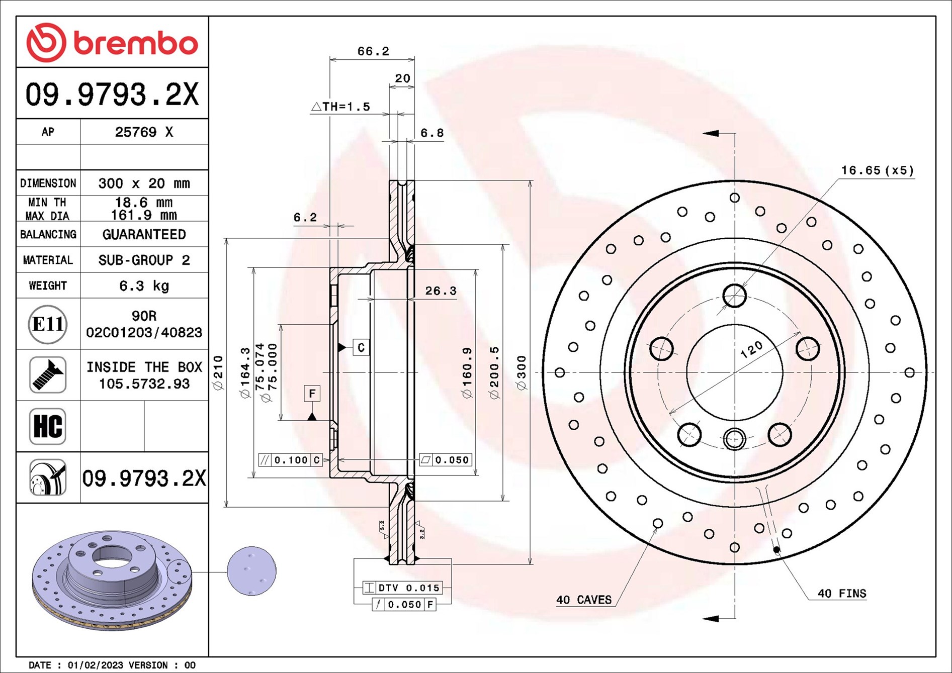 Brembo Bremsscheibe 09.9793.2X 300Mm 20Mm Für Bmw