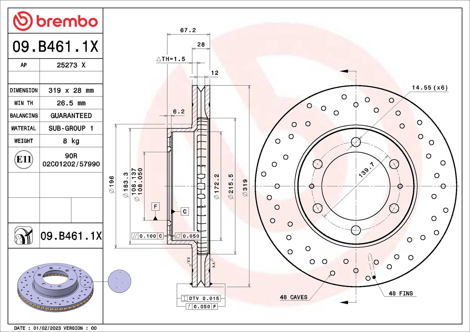 2x Bremsscheibe gelocht/innenbel. 09.B461.1X BREMBO für TOYOTA FJ CRUISER - Bild 5