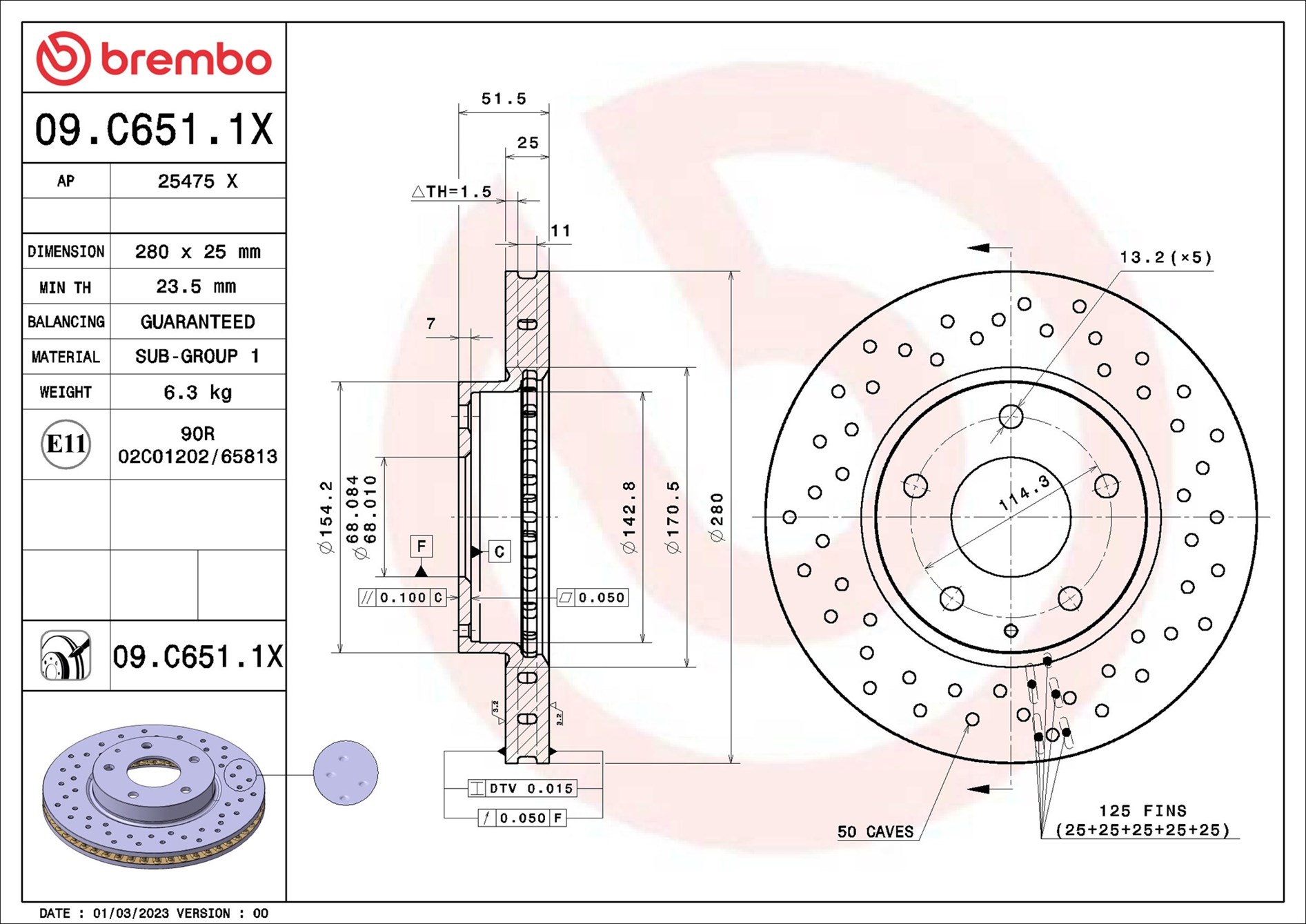 Brembo Bremsscheibe 09.C651.1x 280Mm 25Mm Für Mazda (Changan)