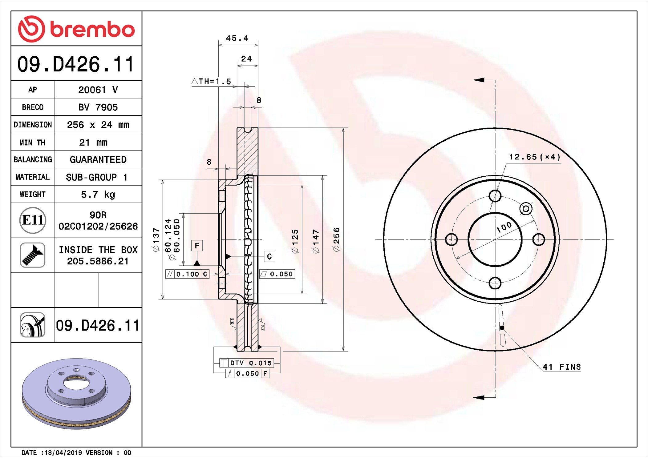 2x Bremsscheibe innenbelüftet 09.D426.11 BREMBO für CHEVROLET AVEO Schrägheck - Bild 5