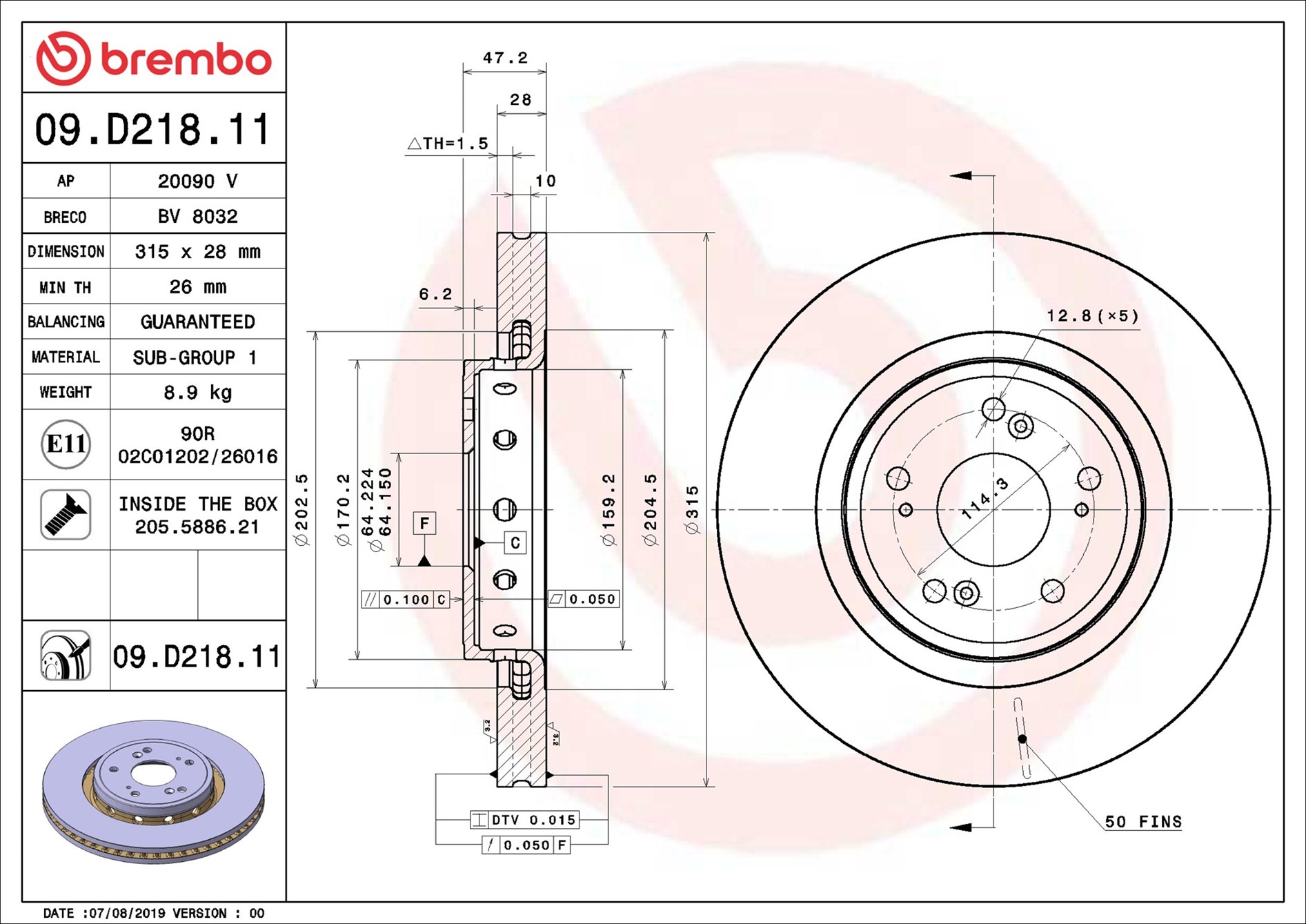2x Bremsscheibe innenbelüftet 09.D218.11 BREMBO für HONDA CR-V III CR-V IV - Bild 7