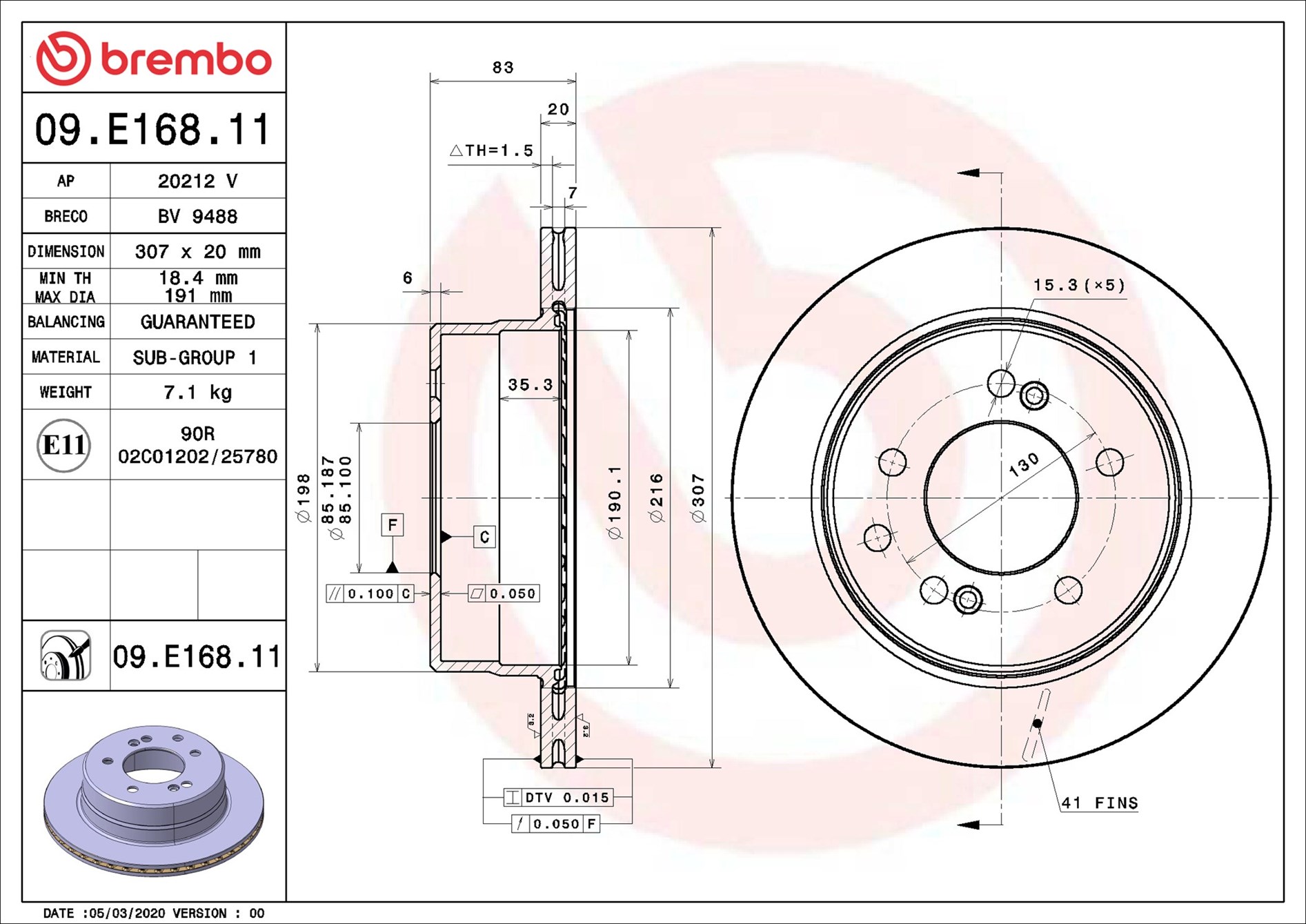 Brembo Bremsscheibe 09.E168.11 307Mm 20Mm Für Ssangyong