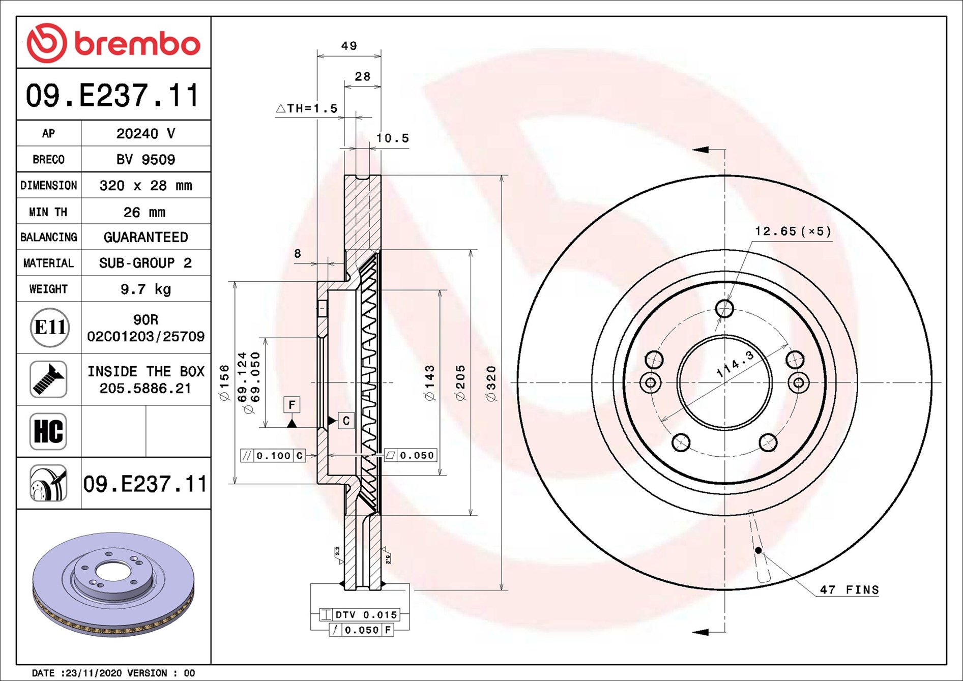 Brembo Bremsscheibe 09.E237.11 320Mm 28Mm Für Inokom Hyundai