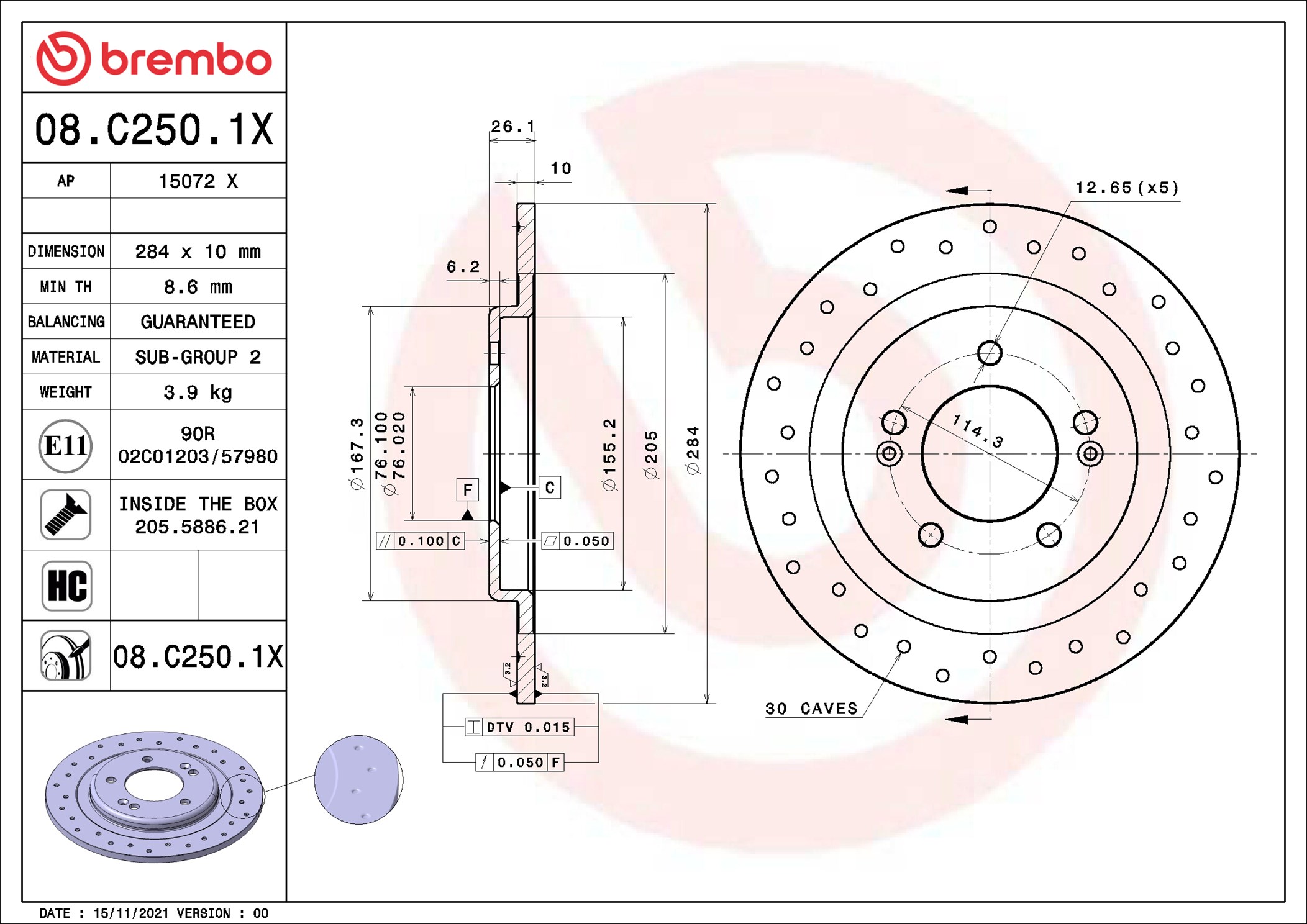 Brembo Bremsscheibe 08.C250.1x Gelocht 284Mm 10Mm Für Kia