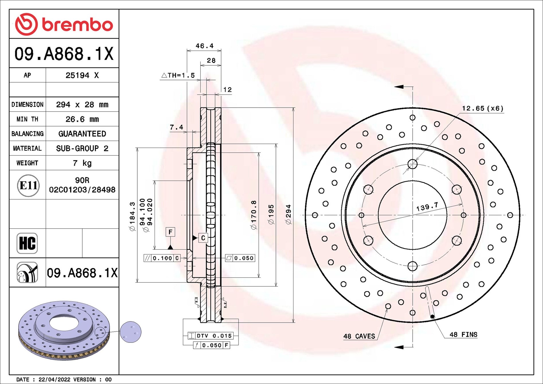 Brembo Bremsscheibe 09.A868.1x 294Mm 28Mm Für Fiat Mitsubishi