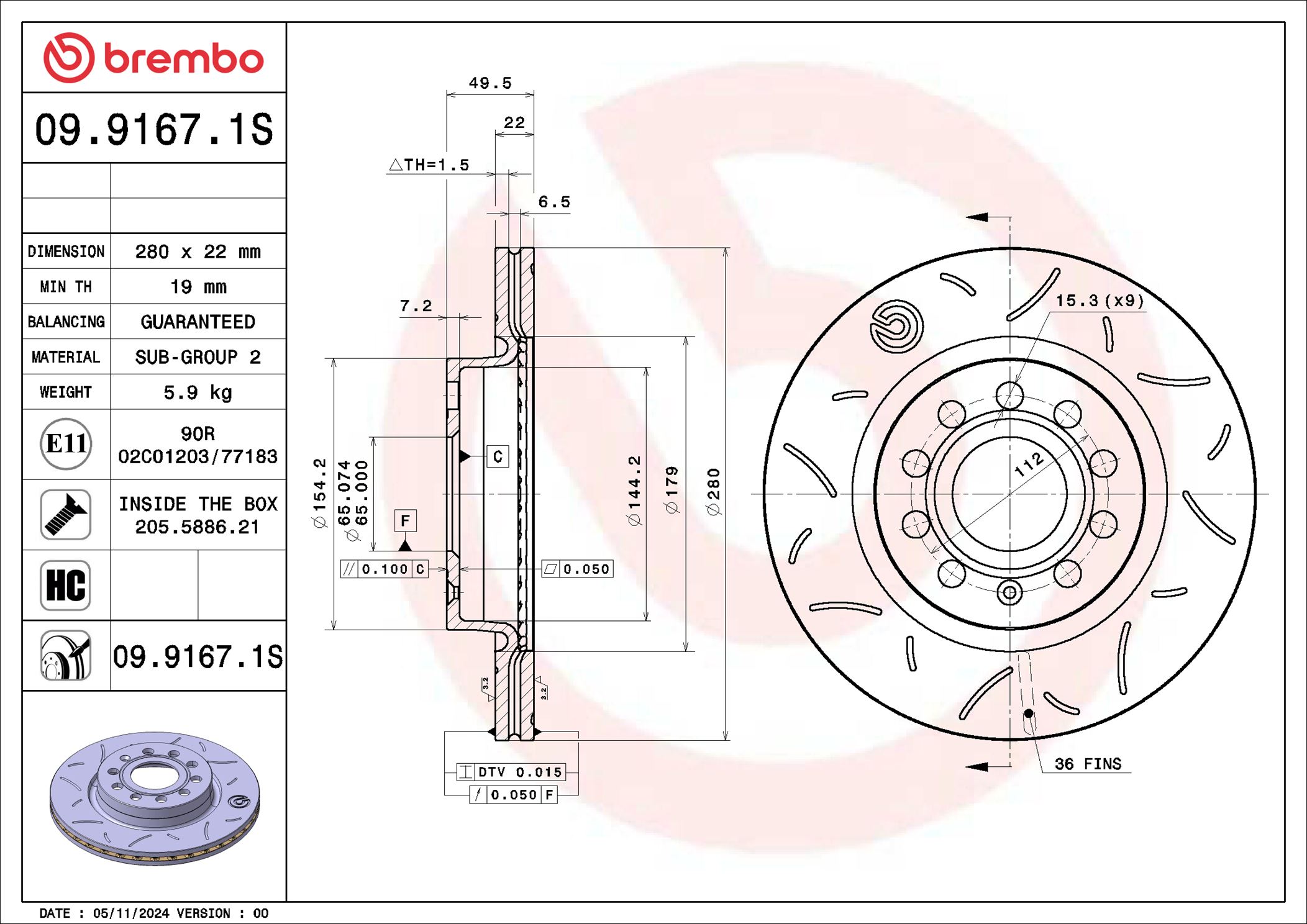 2x Bremsscheibe geschlitzt 09.9167.1S BREMBO für SKODA VW AUDI SEAT - Bild 3