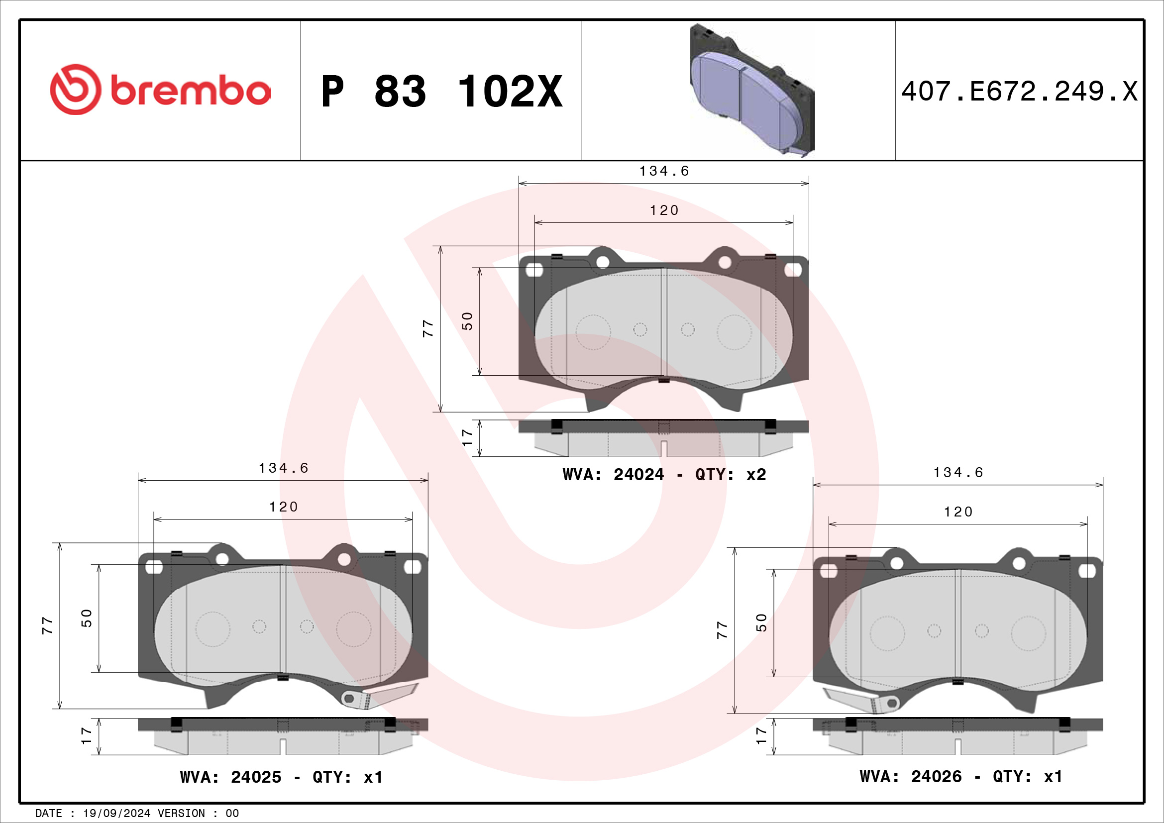 Brembo Bremsbelagsatz, Scheibenbremse P 83 102X Für Toyota