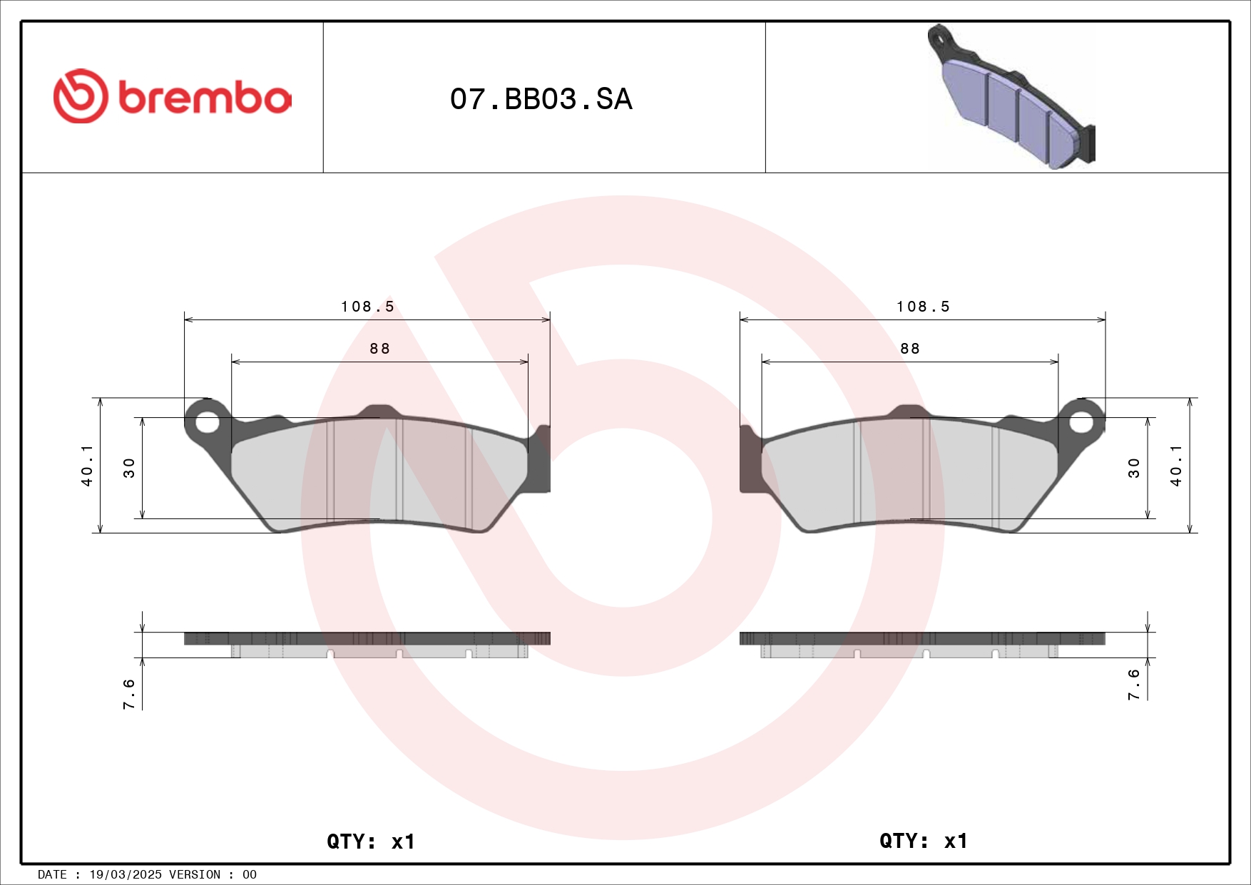 BREMBO Bremsbelagsatz, Scheibenbremse 07bb03sa