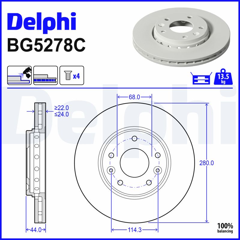 Delphi Bremsscheibe Bg5278c 280Mm 24Mm Für Renault