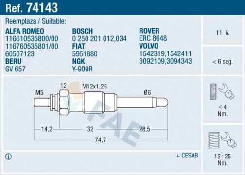 FAE Glühkerze 74143 für Volvo Fiat ALFA ROMEO RENAULT ROVER