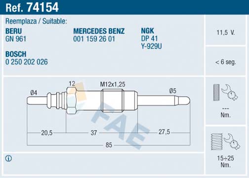 FAE Glühkerze 74154 für Mercedes STANDARD AUTOMOBILE