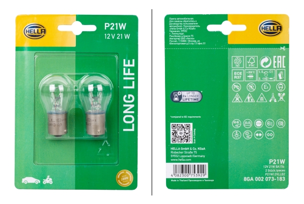 HELLA Glühlampe, Bremsleuchte Blinkleuchte LONG LIFE UP TO 3x LONGER LIFETIME 8ga002073183 P21W