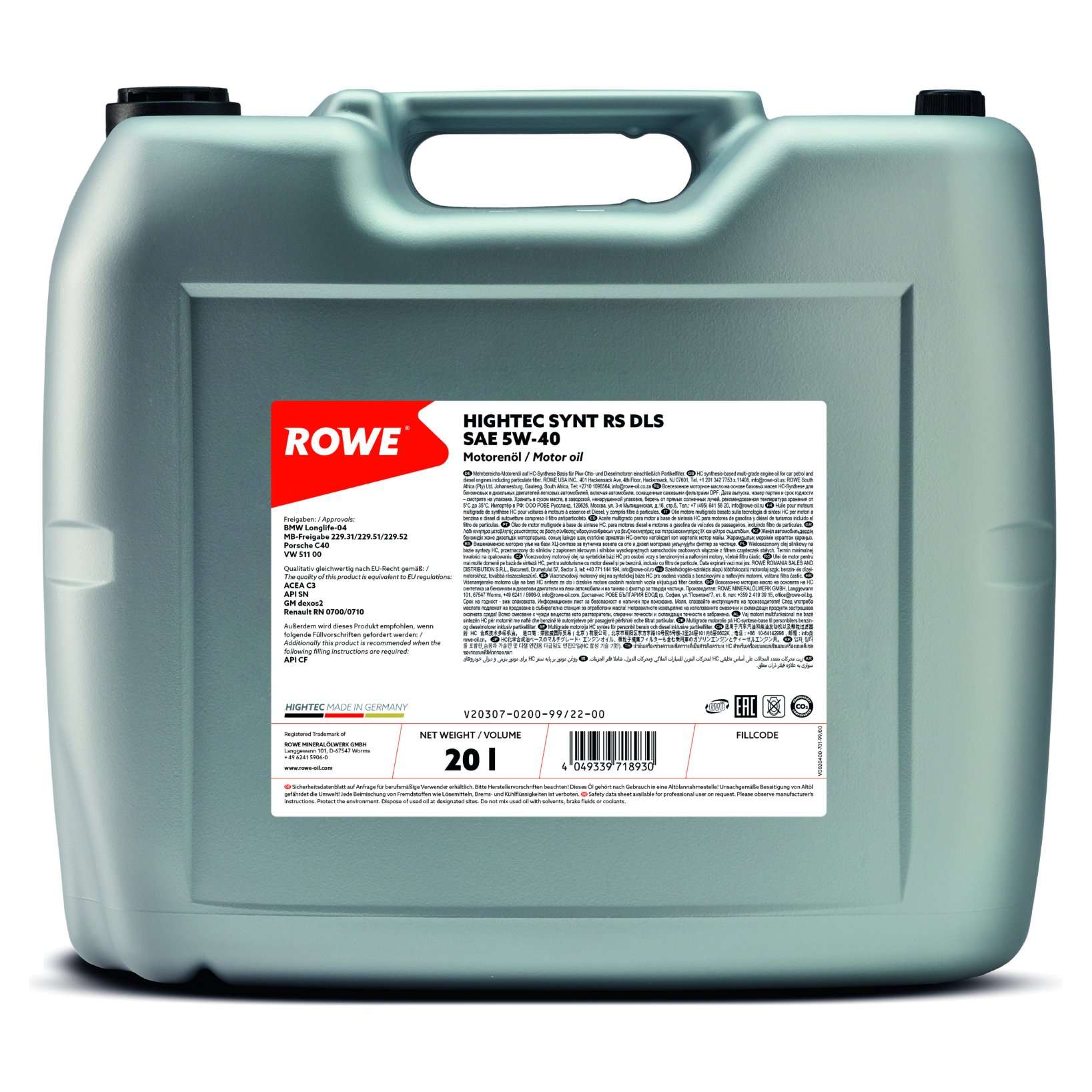 ROWE Motoröl HIGHTEC SYNT RS DLS SAE 5W-40 [20 L] 20307020099 20l