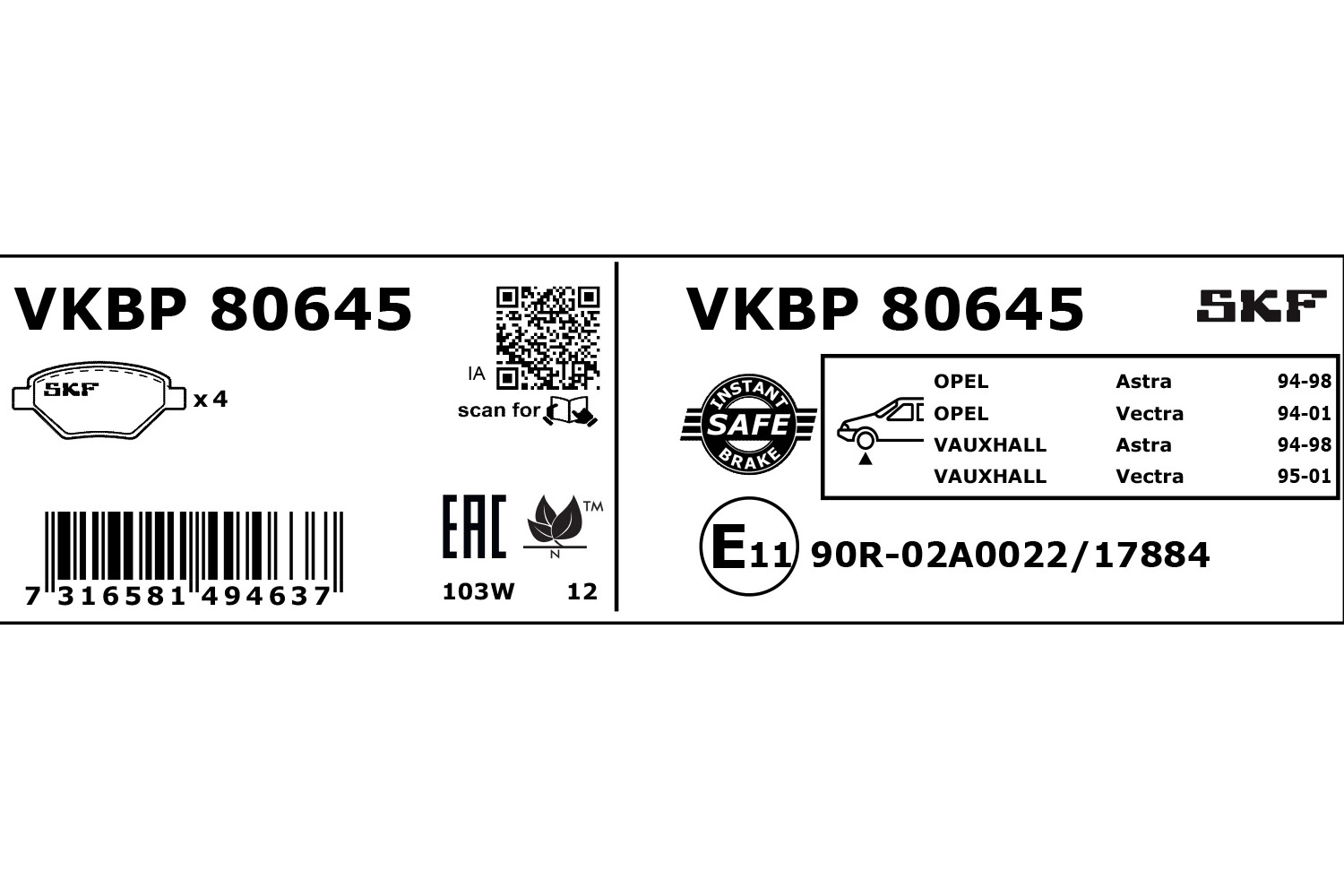 Skf Scheibenbremse Bremsbelag Vkbp 80645-4Er Set - Position Vorderachse Höhe 78 Mm Länge 171 Mm Breite 131 Mm Dicke 18,1 Mm - Oe Qualität - Bild 5