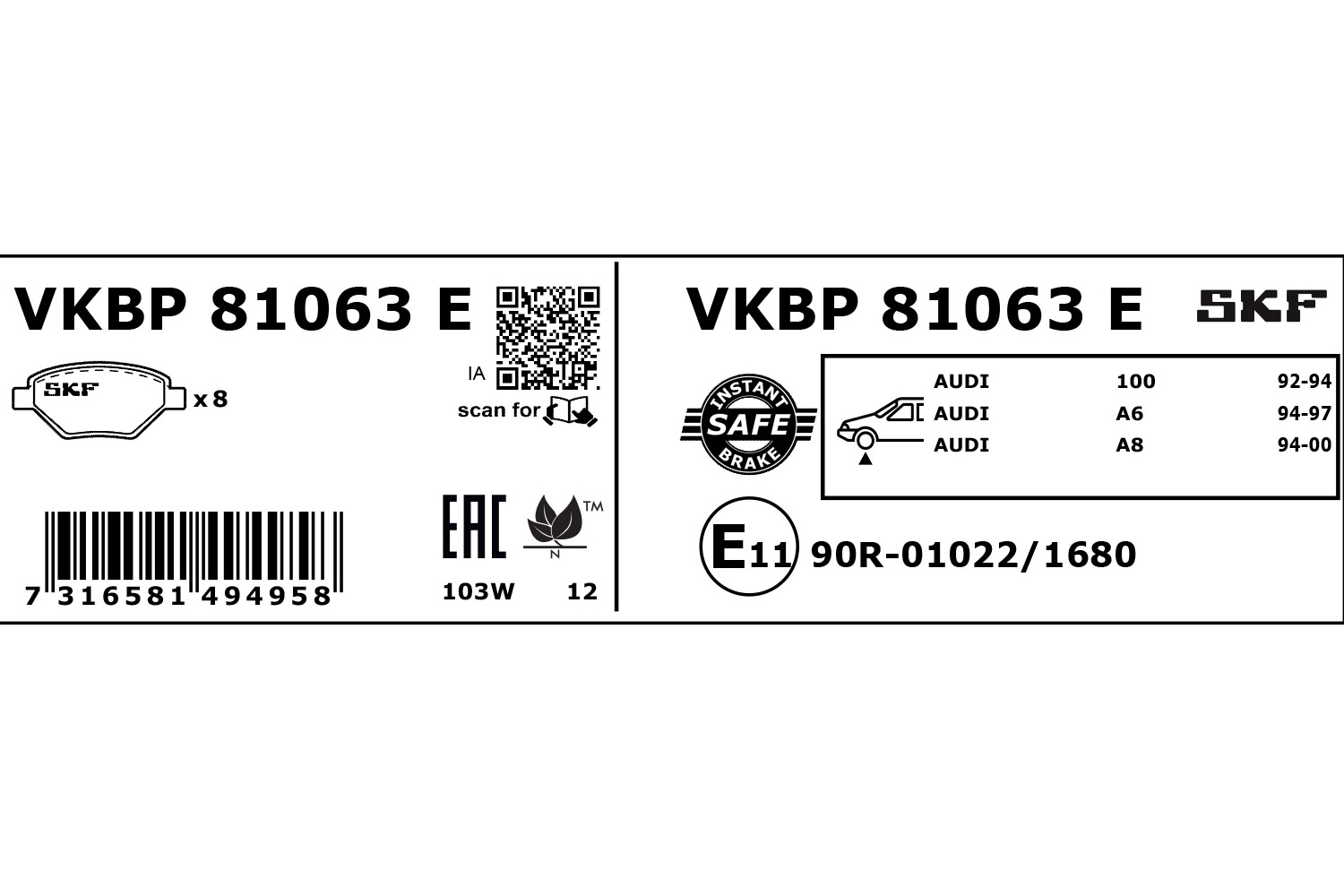 SKF Scheibenbremse Bremsbelag VKBP 81063 E - 4er Set - Position Vorderachse Höhe 93 mm Länge 203 mm Breite 131 mm Dicke 18,5 mm - OE Qualität - Bild 5