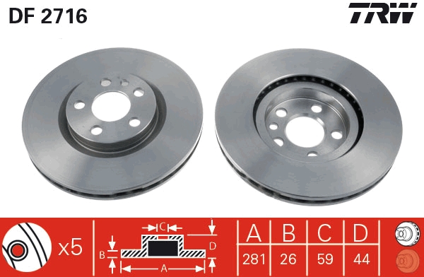 Trw Bremsscheibe Df2716 Belüftet 281Mm 26Mm Für Lancia Peugeot Citroën